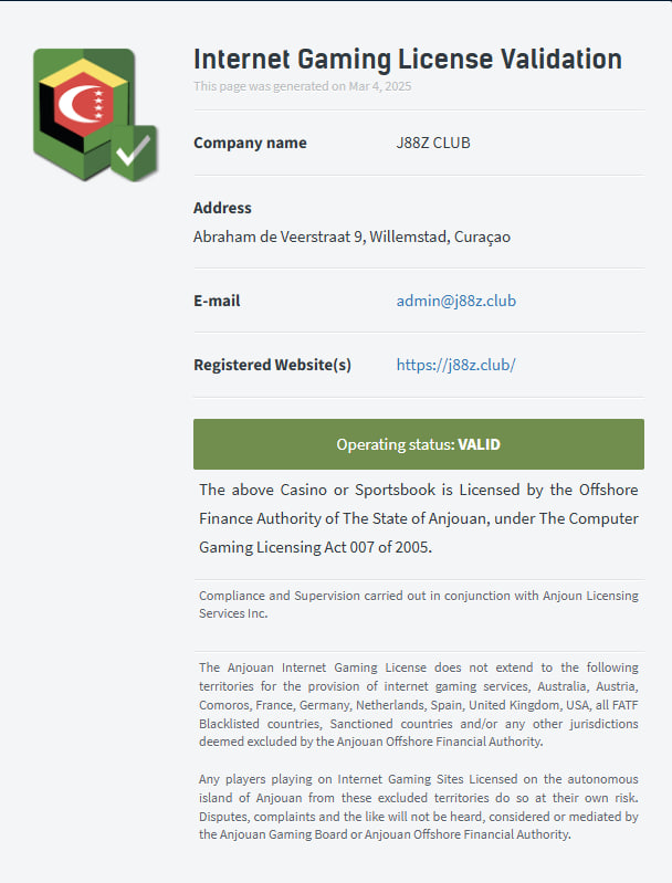 Internet Gaming License Validation j88